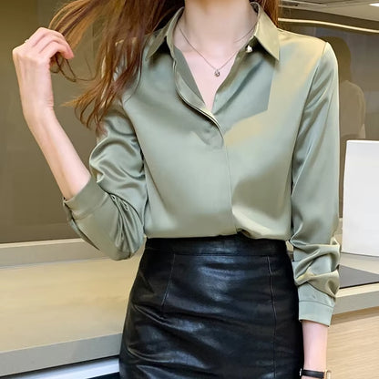 Shirts Women Long Sleeve Shirts Blouses for Women Satin Clothing Shirt Office Lady Solid Silk Shirt Blouse New Fashion Tops