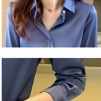 Shirts Women Long Sleeve Shirts Blouses for Women Satin Clothing Shirt Office Lady Solid Silk Shirt Blouse New Fashion Tops