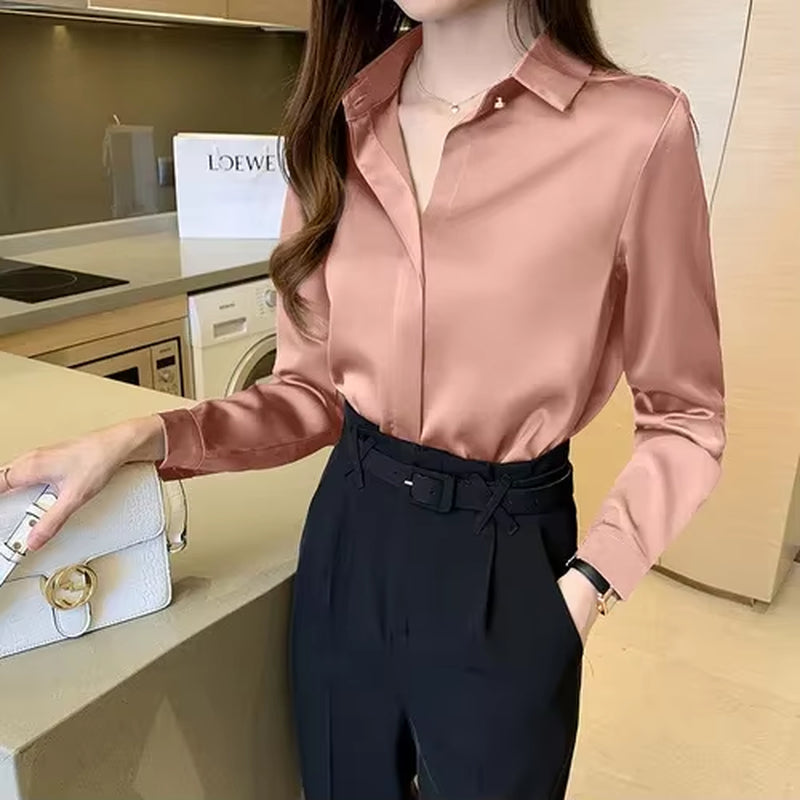 Shirts Women Long Sleeve Shirts Blouses for Women Satin Clothing Shirt Office Lady Solid Silk Shirt Blouse New Fashion Tops