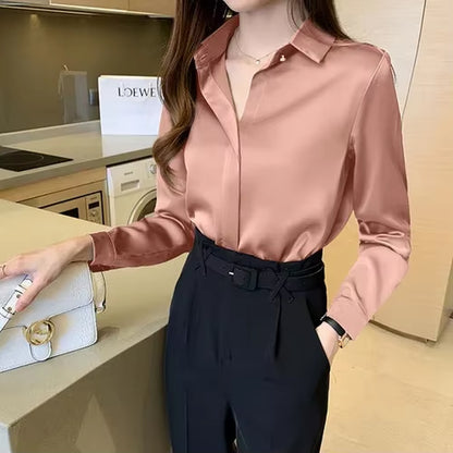 Shirts Women Long Sleeve Shirts Blouses for Women Satin Clothing Shirt Office Lady Solid Silk Shirt Blouse New Fashion Tops