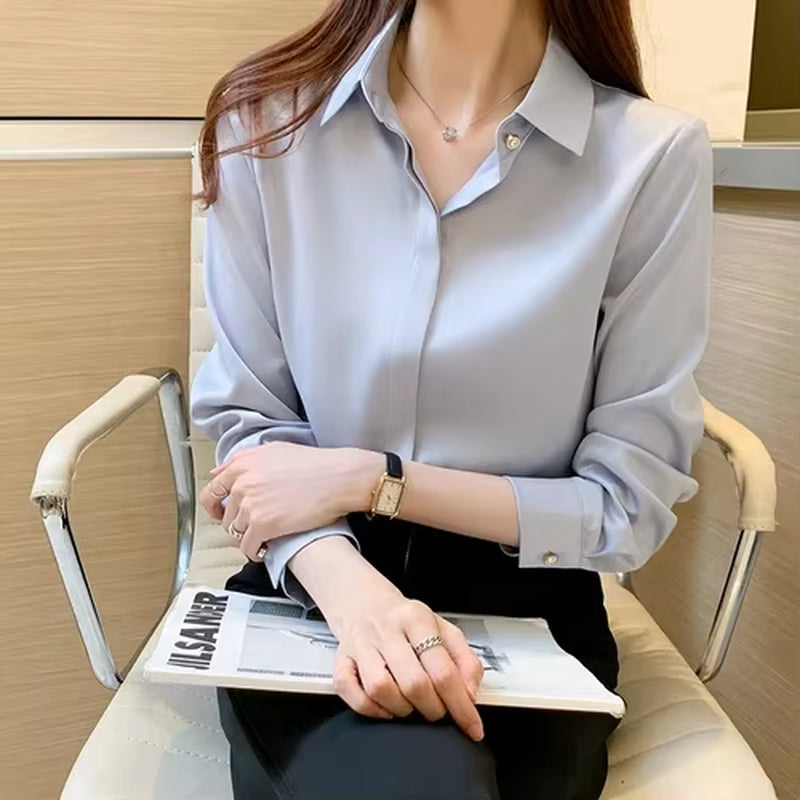 Shirts Women Long Sleeve Shirts Blouses for Women Satin Clothing Shirt Office Lady Solid Silk Shirt Blouse New Fashion Tops