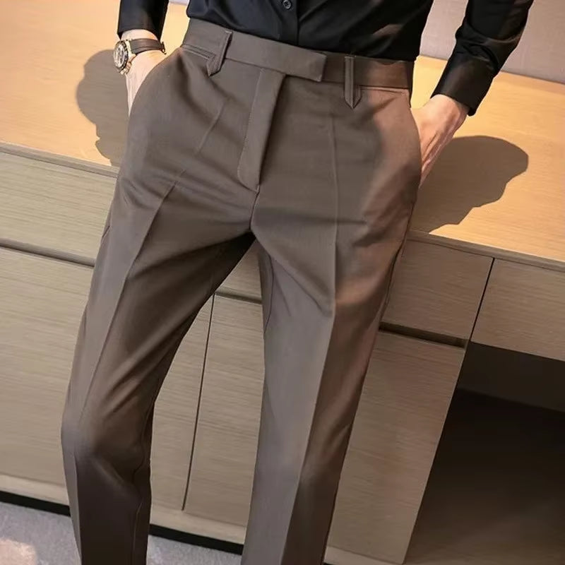 British Gentleman'S Coffee Color Suit Pants Small Footed Business Draped Style Men'S Trousers Elegant Casual Chic