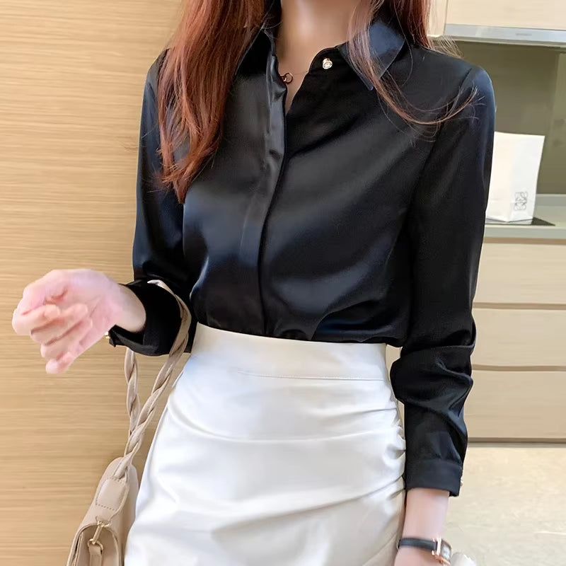 Shirts Women Long Sleeve Shirts Blouses for Women Satin Clothing Shirt Office Lady Solid Silk Shirt Blouse New Fashion Tops