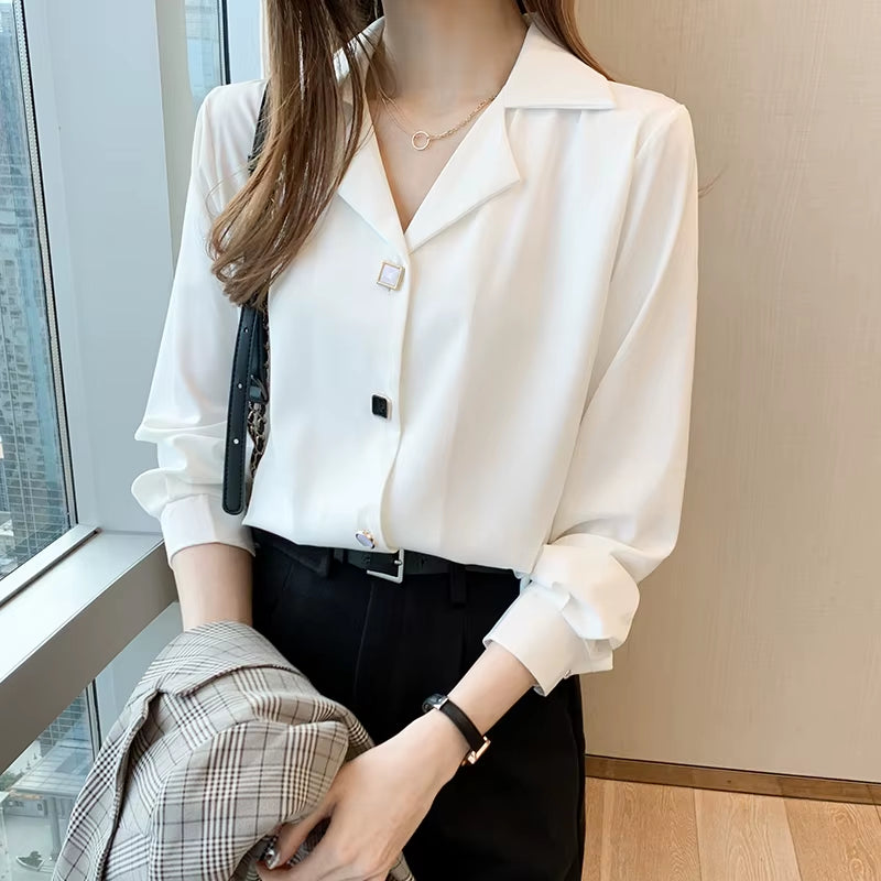 Shirt Women Long Sleeve Office Lady Suit Collar Black White Blouse Shirt Women Tops Blusas Mujer De Moda Shirts Female E127