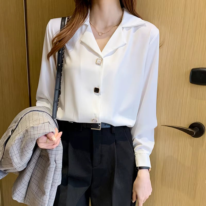 Shirt Women Long Sleeve Office Lady Suit Collar Black White Blouse Shirt Women Tops Blusas Mujer De Moda Shirts Female E127