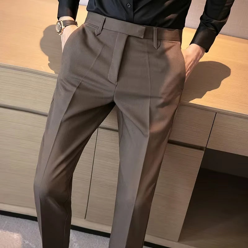 British Gentleman'S Coffee Color Suit Pants Small Footed Business Draped Style Men'S Trousers Elegant Casual Chic