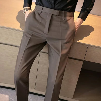 British Gentleman'S Coffee Color Suit Pants Small Footed Business Draped Style Men'S Trousers Elegant Casual Chic
