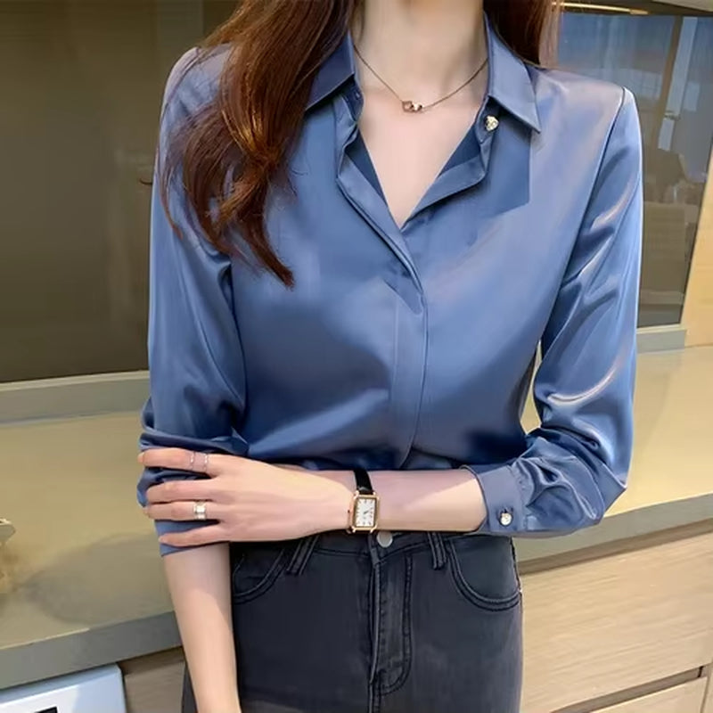 Shirts Women Long Sleeve Shirts Blouses for Women Satin Clothing Shirt Office Lady Solid Silk Shirt Blouse New Fashion Tops